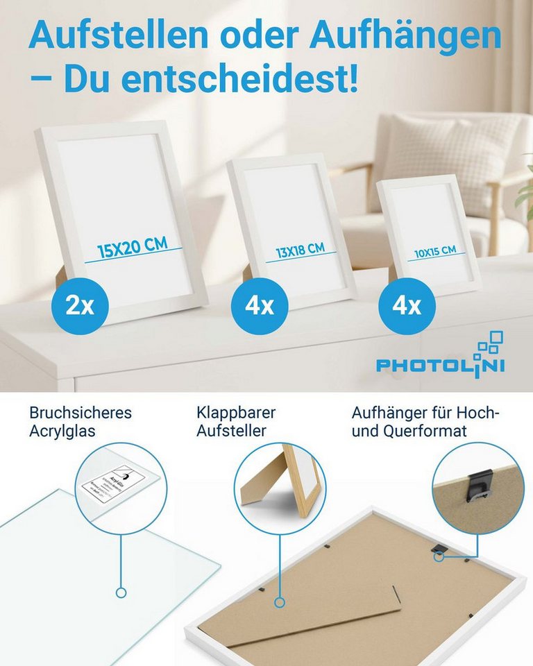 PHOTOLINI Bilderrahmen Sets in verschiedenen Formaten, MDF Holz, Acrylglas & Zubehör, für 10 Bilder (10er Set), Posterrahmen 10er Set No.3 zum Aufhängen oder Au – Bild 3 von 5