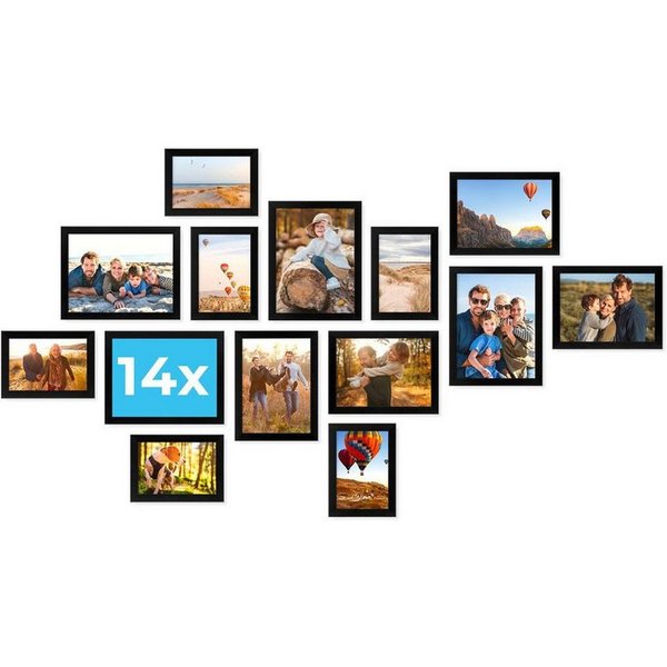 PHOTOLINI Bilderrahmen Sets in verschiedenen Formaten, MDF Holz, Acrylglas & Zubehör, für 14 Bilder (14er Set), Posterrahmen 14er Set No.2 zum Aufhängen oder Au