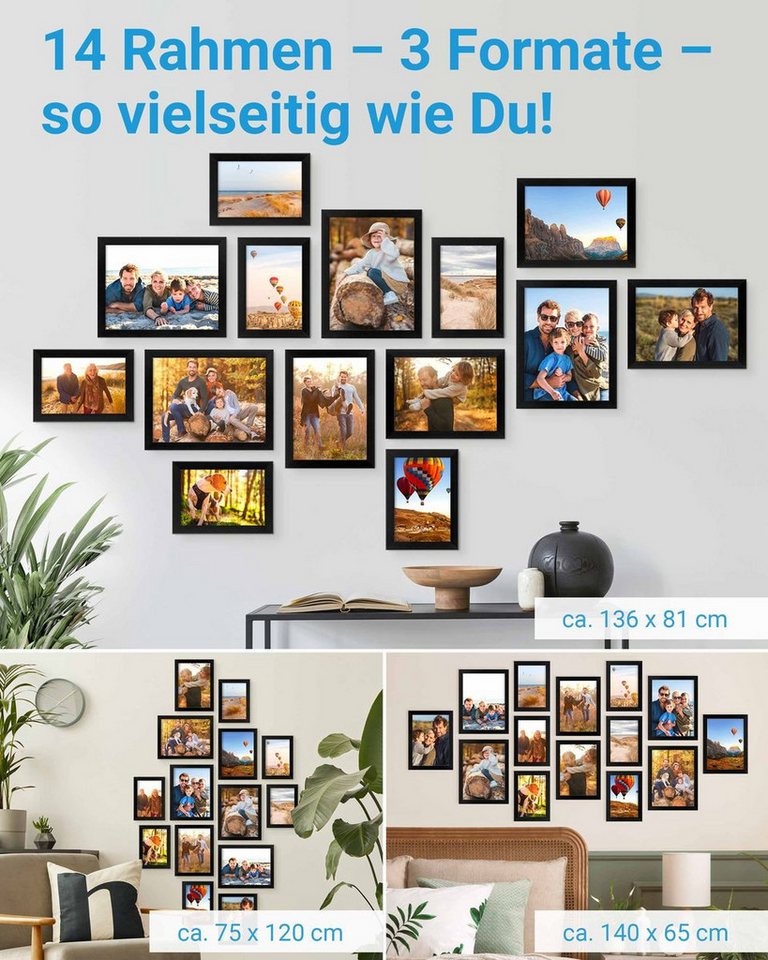 PHOTOLINI Bilderrahmen Sets in verschiedenen Formaten, MDF Holz, Acrylglas & Zubehör, für 14 Bilder (14er Set), Posterrahmen 14er Set No.2 zum Aufhängen oder Au – Bild 2 von 5