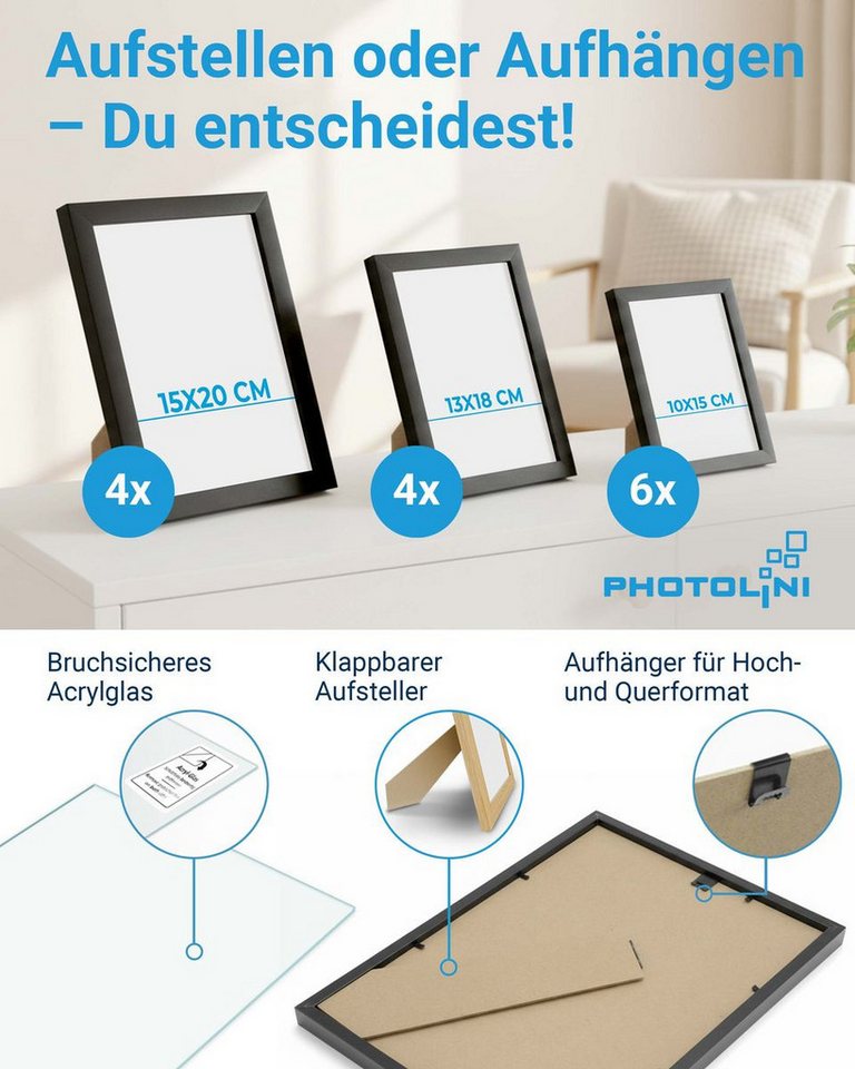 PHOTOLINI Bilderrahmen Sets in verschiedenen Formaten, MDF Holz, Acrylglas & Zubehör, für 14 Bilder (14er Set), Posterrahmen 14er Set No.2 zum Aufhängen oder Au – Bild 3 von 5