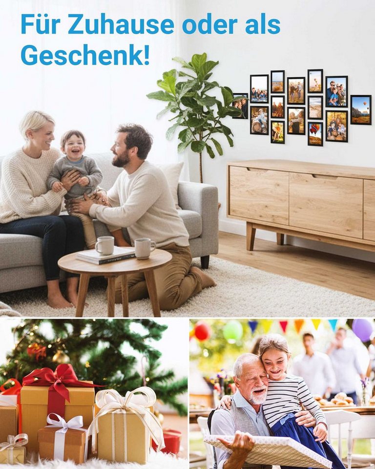 PHOTOLINI Bilderrahmen Sets in verschiedenen Formaten, MDF Holz, Acrylglas & Zubehör, für 14 Bilder (14er Set), Posterrahmen 14er Set No.2 zum Aufhängen oder Au – Bild 4 von 5