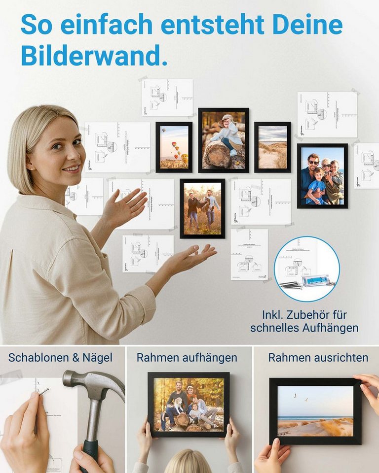 PHOTOLINI Bilderrahmen Sets in verschiedenen Formaten, MDF Holz, Acrylglas & Zubehör, für 14 Bilder (14er Set), Posterrahmen 14er Set No.2 zum Aufhängen oder Au – Bild 5 von 5
