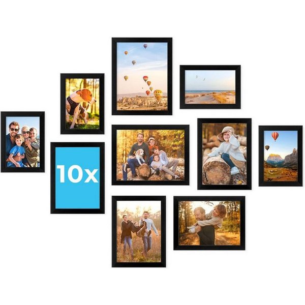 PHOTOLINI Bilderrahmen Sets in verschiedenen Formaten, MDF Holz, Acrylglas & Zubehör, für 10 Bilder (10er Set), Posterrahmen 10er Set No.3 zum Aufhängen oder Au