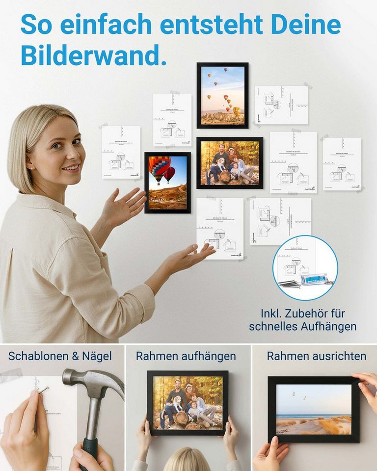 PHOTOLINI Bilderrahmen Sets in verschiedenen Formaten, MDF Holz, Acrylglas & Zubehör, für 10 Bilder (10er Set), Posterrahmen 10er Set No.3 zum Aufhängen oder Au – Bild 5 von 5