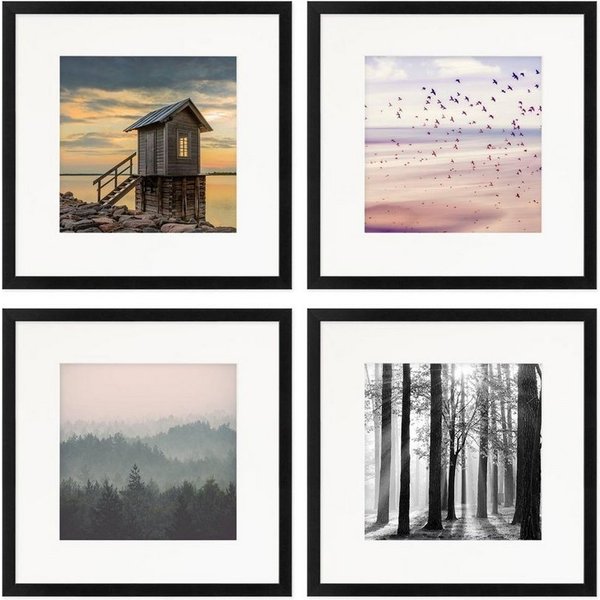 PHOTOLINI Bilderrahmen Sets quadratisch 30x30 cm aus MDF Holz mit Acrylglas & Zubehör, für 4 Bilder (4er Set), 4er Set Schwarz mit Passepartouts für Bilder in 2