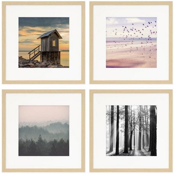 PHOTOLINI Bilderrahmen Sets quadratisch 30x30 cm aus MDF Holz mit Acrylglas & Zubehör, für 6 Bilder (6er Set), 6er Set moderne Posterrahmen Natur