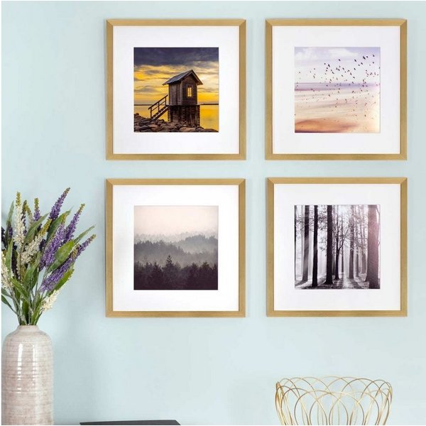 PHOTOLINI Bilderrahmen Sets quadratisch 30x30 cm aus MDF Holz mit Acrylglas & Zubehör, für 4 Bilder (4er Set), 4er Set Gold mit Passepartouts für Bilder in 20x2