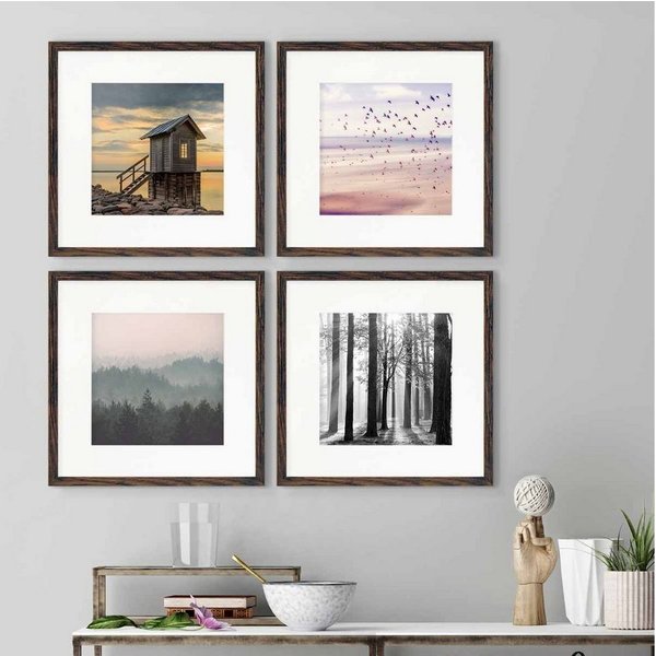 PHOTOLINI Bilderrahmen Sets quadratisch 30x30 cm aus MDF Holz mit Acrylglas & Zubehör, für 4 Bilder (4er Set), 4er Set Eiche Dunkel mit Passepartouts für Bilder