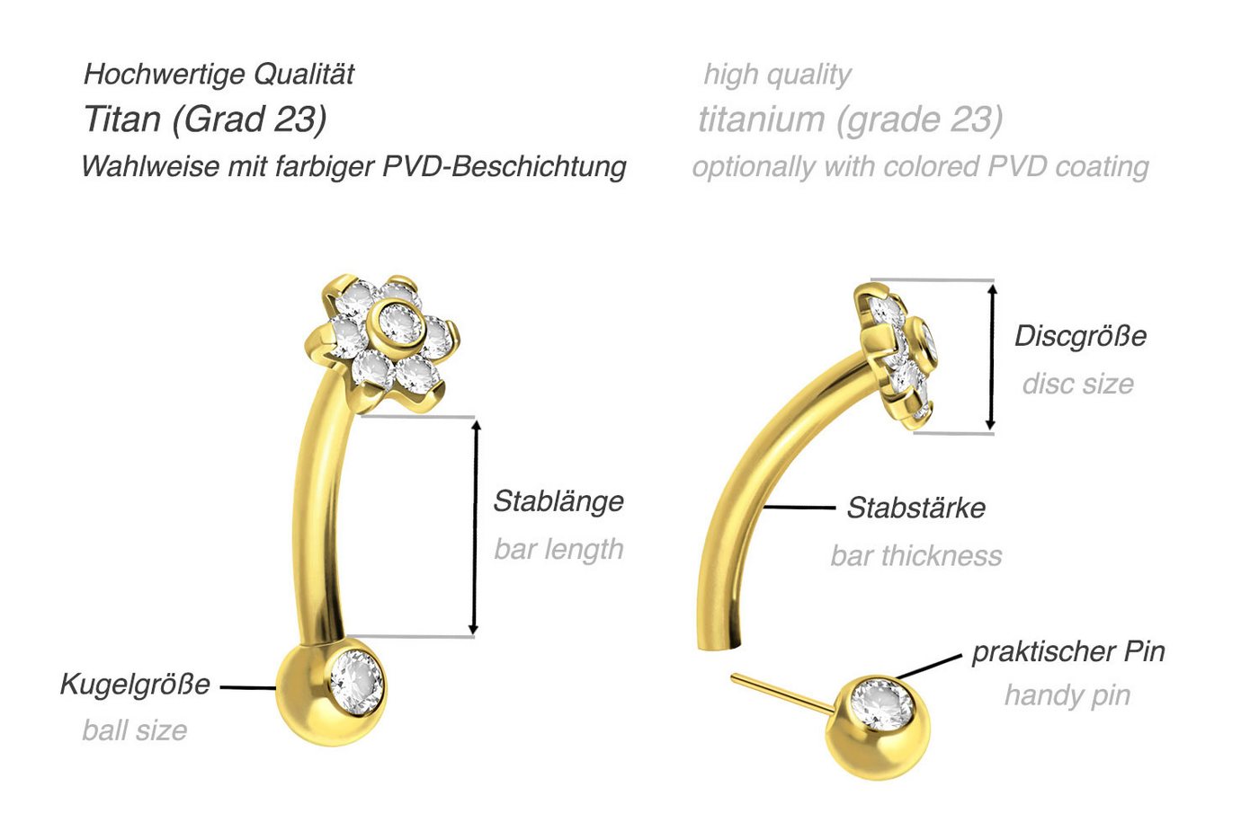 PIERCINGLINE Bauchnabelpiercing Titan Banane mit Push Fit BLUME MIT 7 KRISTALLEN + KRISTALLKUGEL (Bananen, 1-tlg) – Bild 3 von 4
