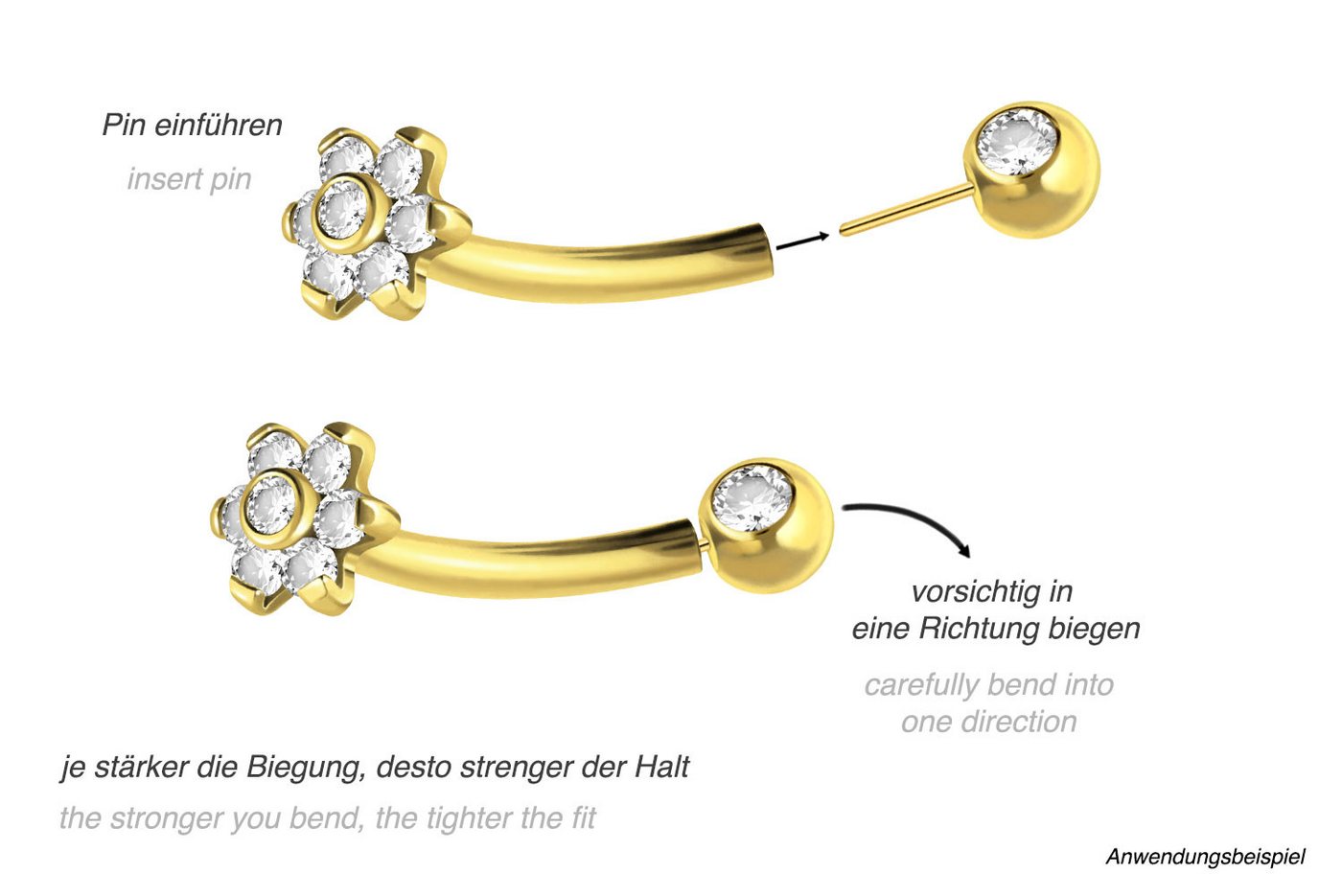 PIERCINGLINE Bauchnabelpiercing Titan Banane mit Push Fit BLUME MIT 7 KRISTALLEN + KRISTALLKUGEL (Bananen, 1-tlg) – Bild 4 von 4