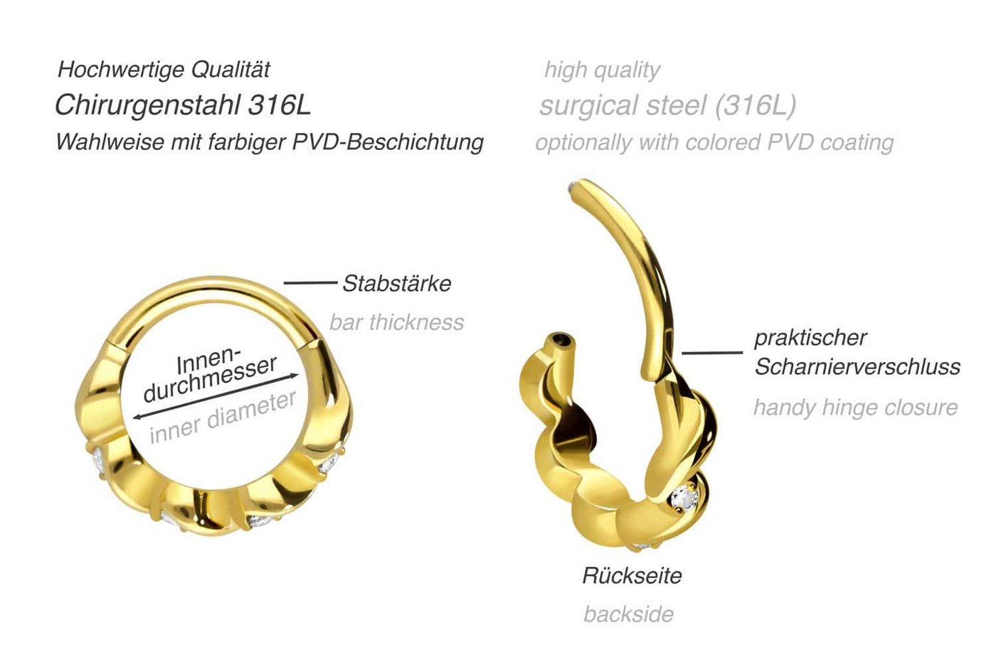PIERCINGLINE Nasenpiercing Chirurgenstahl Segmentring Clicker GEFLOCHTEN + EINGEFASSTE KRISTALLE (Clicker, 1-tlg), Ohrpiercing für Conch, Helix, Tragus, Daith,  – Bild 2 von 3