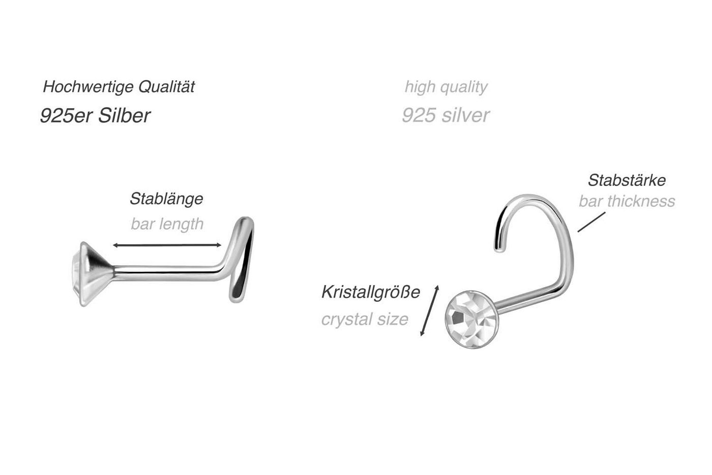 PIERCINGLINE Nasenpiercing SET 925er Silber Nasenstecker Spirale KRISTALL (Nasenstecker, 3er SET1= 1,5 mm Kristallgröße) – Bild 3 von 3