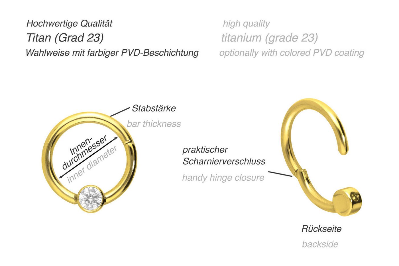 PIERCINGLINE Nasenpiercing Titan Segmentring Clicker FLACHE KRISTALLDISC Ohrpiercing Septum Nase (Clicker, 1-tlg), Ohrpiercing für Conch, Helix, Tragus, Daith,  – Bild 3 von 3