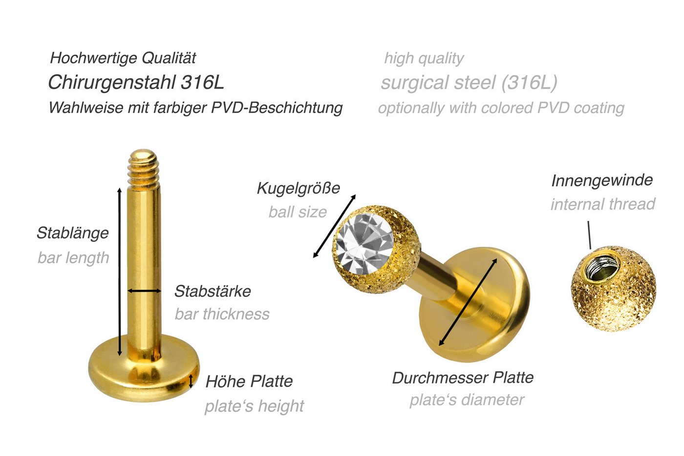 PIERCINGLINE Piercing-Set Chirurgenstahl Labret DIAMANTOPTIK + KRISTALL (Labrets, 1-tlg) – Bild 2 von 4