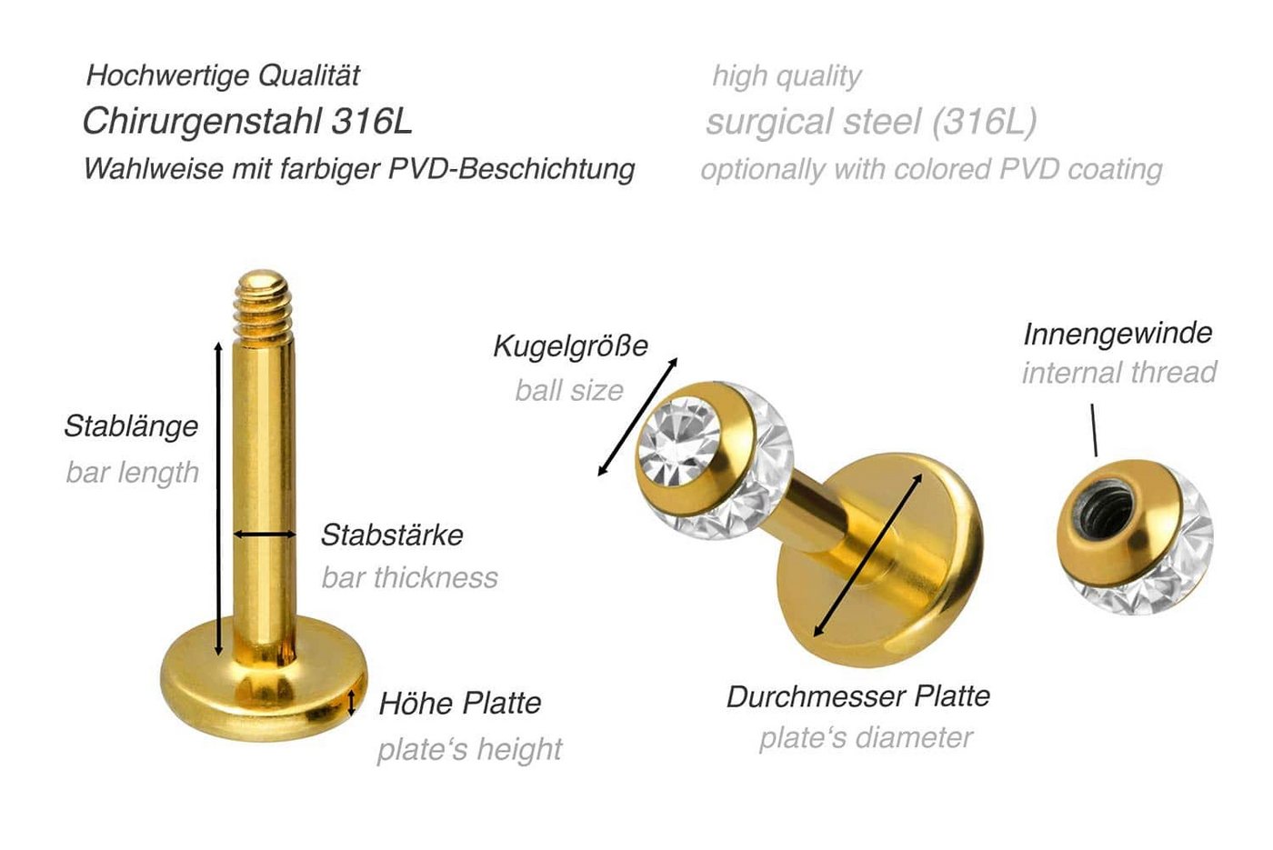 PIERCINGLINE Piercing-Set Chirurgenstahl Labret EPOXY-RING-KUGEL + KRISTALL (Labrets, 1-tlg) – Bild 4 von 4