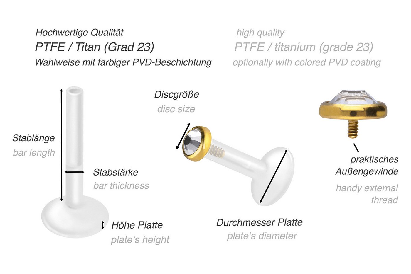 PIERCINGLINE Piercing-Set PTFE Labret mit Innengewinde + Titan-Aufsatz KRISTALLDISC (Labrets, 1-tlg) – Bild 2 von 4