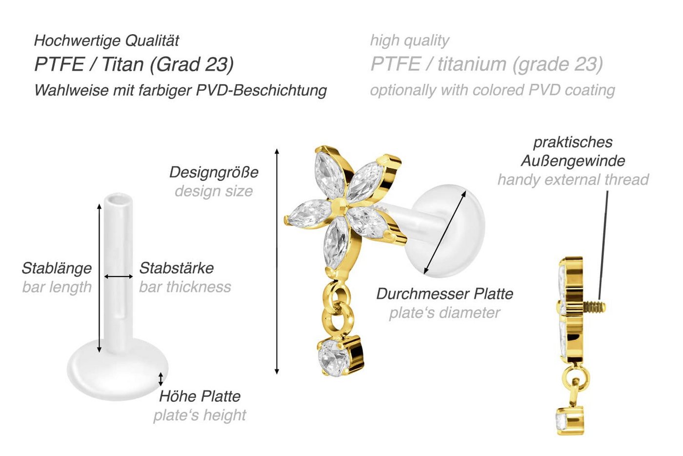 PIERCINGLINE Piercing-Set PTFE Labret mit Innengewinde + Titan-Aufsatz KRISTALLBLUME + KRISTALL (Labrets, 1-tlg) – Bild 3 von 3