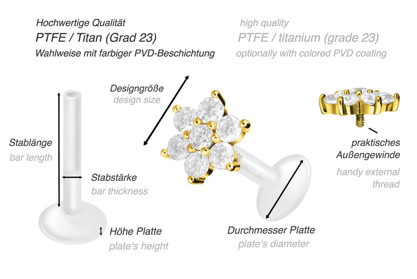 PIERCINGLINE Piercing-Set PTFE Labret mit Innengewinde + Titan-Aufsatz KRISTALLBLUME (Labrets, 1-tlg) – Bild 2 von 3