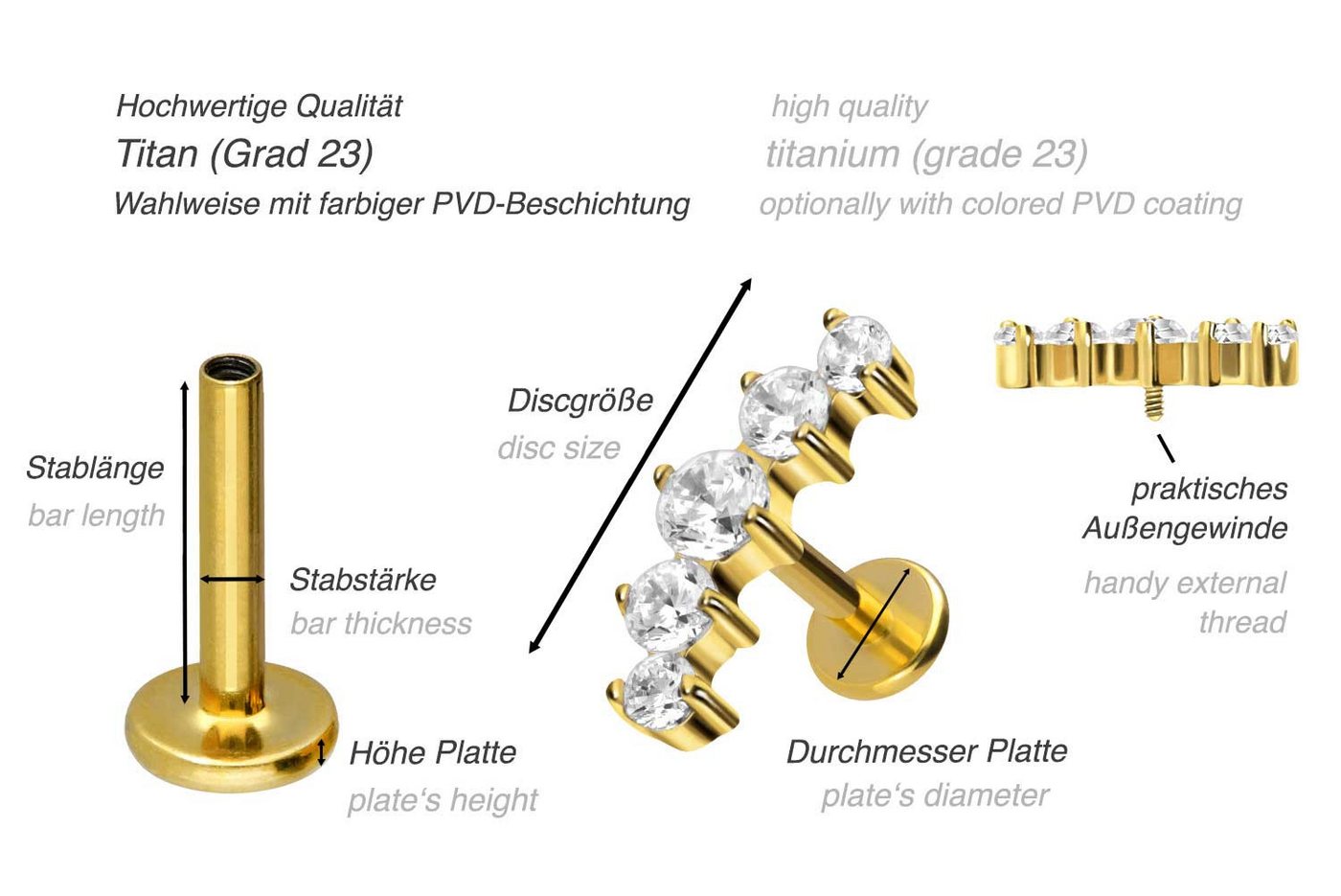 PIERCINGLINE Piercing-Set Titan Labret mit Innengewinde 5 EINGEFASSTE KRISTALLE (Labrets, 1-tlg) – Bild 2 von 4