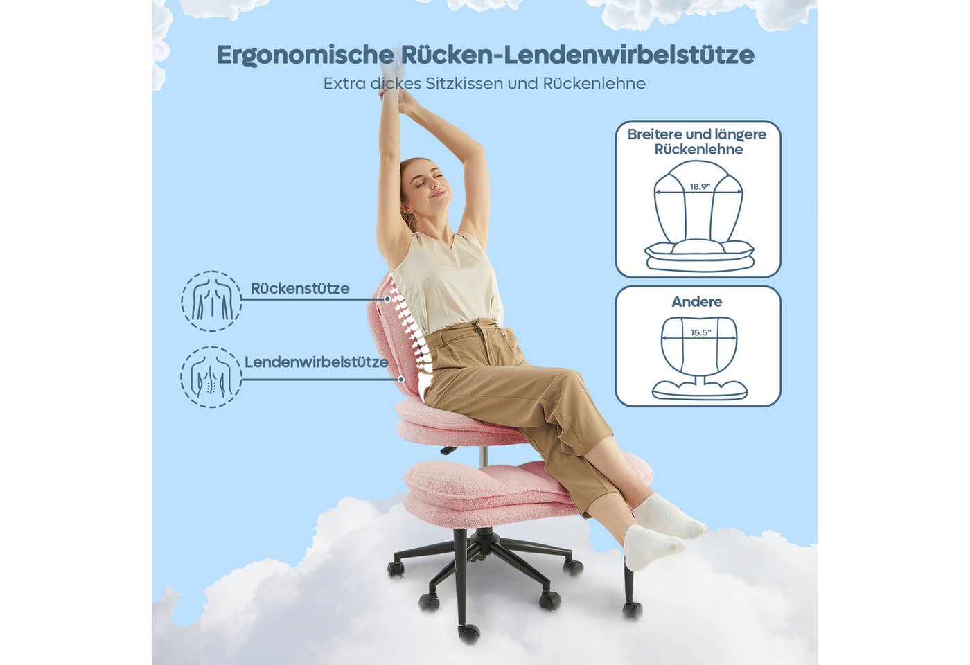 Pinmoco Polsterstuhl Bürostuhl, mehrfach drehbarer Stuhl mit Beinschwenkfunktion – Bild 5 von 5