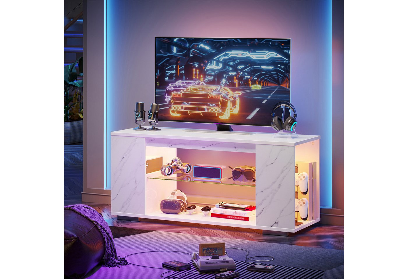 Pinmoco TV-Schrank tv lowboard, TV-Schrank mit 7 Lichtfarben, Stauraum, 120 cm lang – Bild 2 von 5