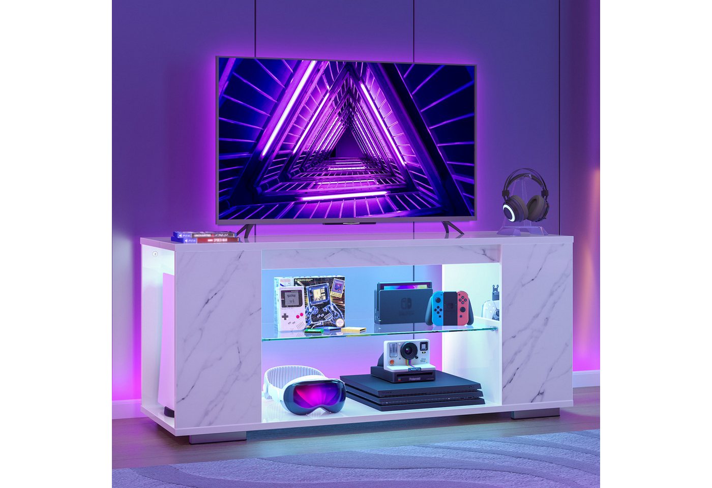 Pinmoco TV-Schrank tv lowboard, TV-Schrank mit 7 Lichtfarben, Stauraum, 120 cm lang – Bild 3 von 5