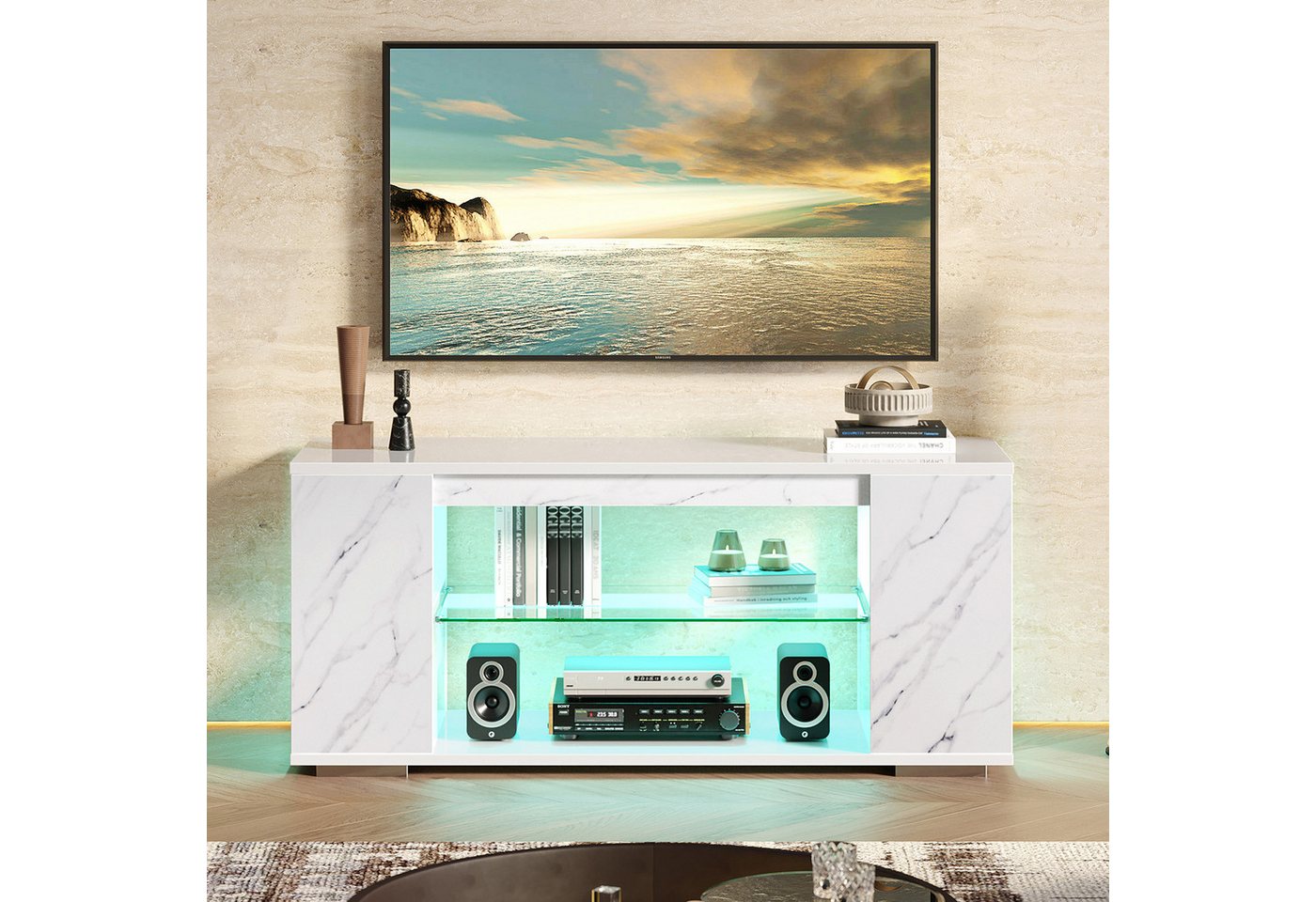 Pinmoco TV-Schrank tv lowboard, TV-Schrank mit 7 Lichtfarben, Stauraum, 120 cm lang – Bild 4 von 5