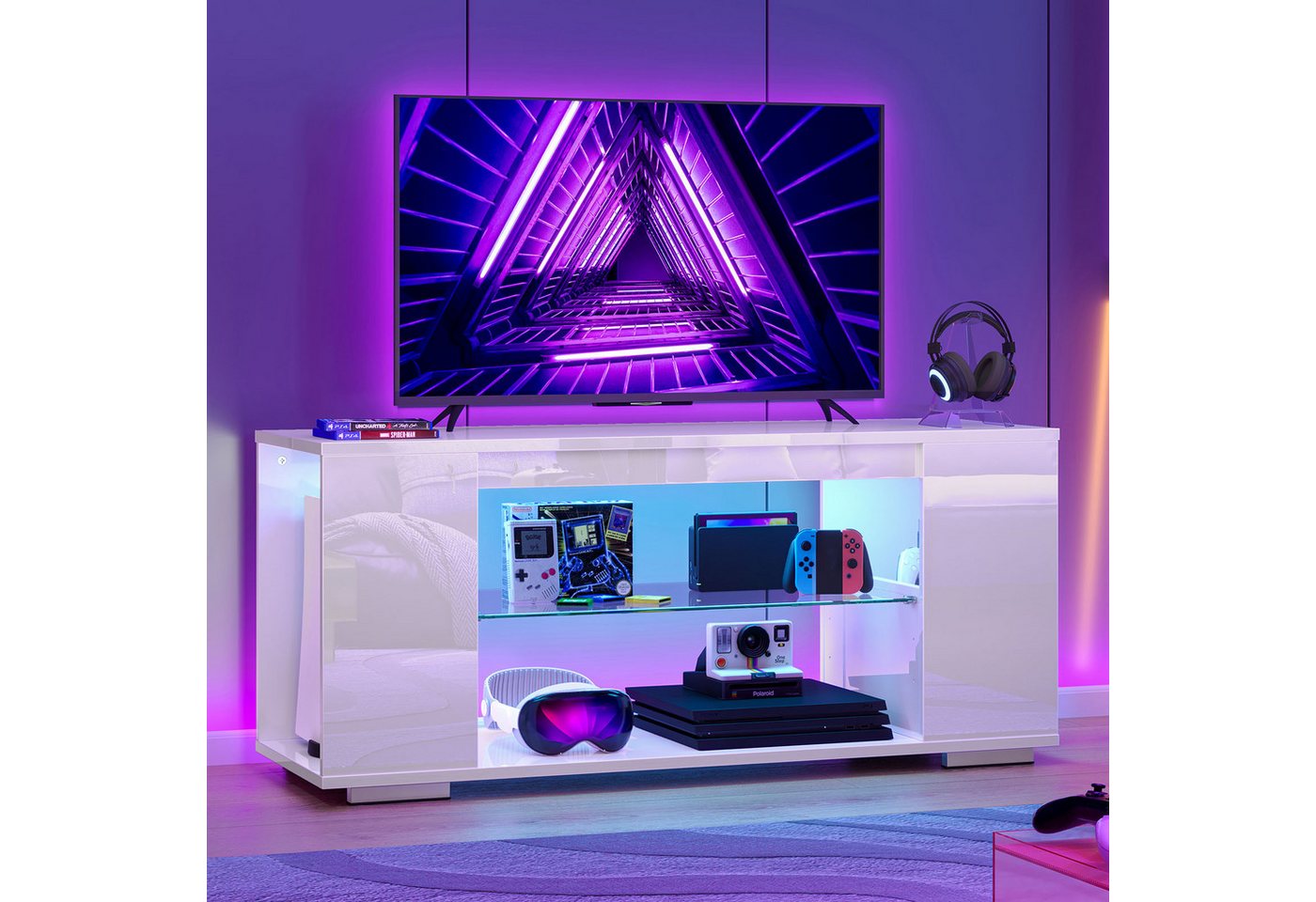 Pinmoco TV-Schrank tv lowboard, TV-Schrank mit 7 Lichtfarben, Stauraum, 120 cm lang – Bild 2 von 5