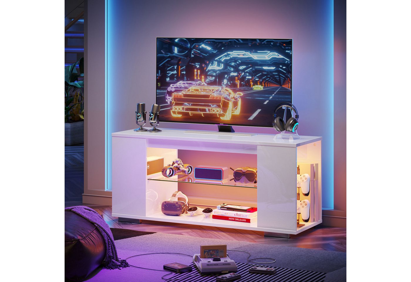 Pinmoco TV-Schrank tv lowboard, TV-Schrank mit 7 Lichtfarben, Stauraum, 120 cm lang – Bild 3 von 5