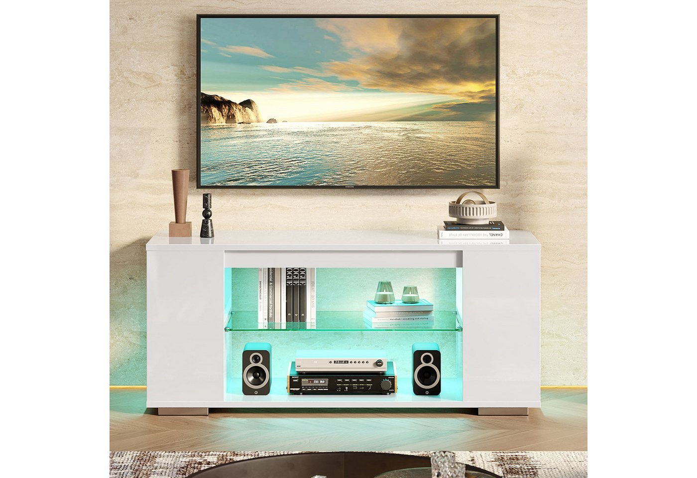 Pinmoco TV-Schrank tv lowboard, TV-Schrank mit 7 Lichtfarben, Stauraum, 120 cm lang – Bild 4 von 5