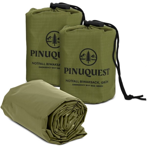 PINUQUEST Biwaksack Notfallschlafsack (2 tlg), Rettungsdecke Notfall-Biwaksack Survival Notbiwak, grün, 2 Stück