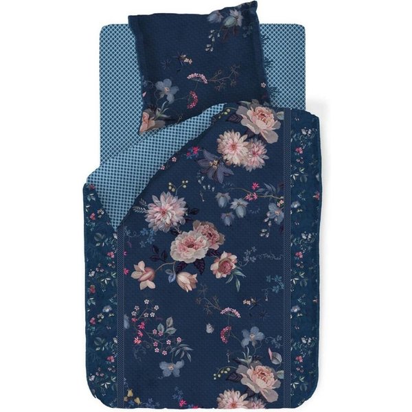 PiP Studio Bettwäsche Tokyo Bouquet Dunkelblau, Perkal, 2 teilig, Lilien, Dahlien, Punkte