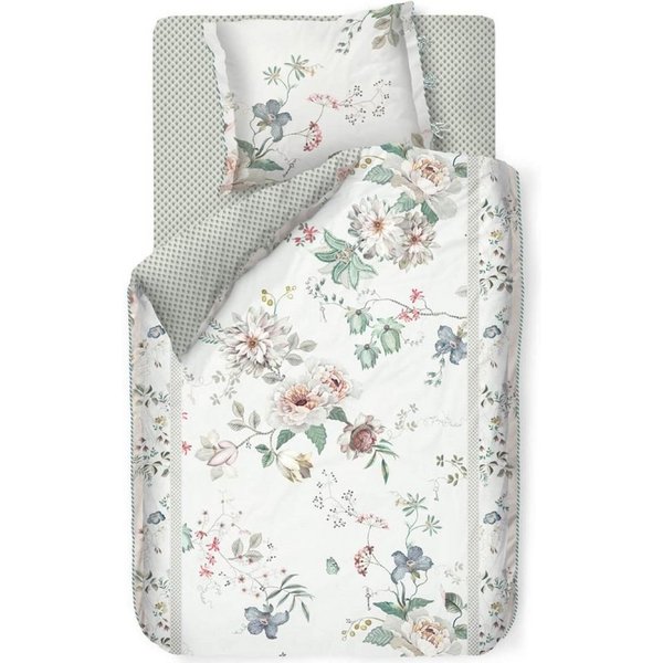 PiP Studio Bettwäsche Tokyo Bouquet Weiß, Perkal, 2 teilig, Lilien, Dahlien, Punkte, Paspel
