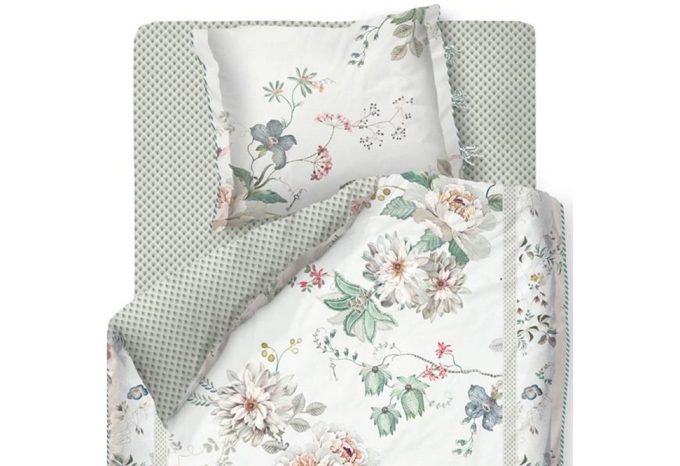 PiP Studio Bettwäsche Tokyo Bouquet Weiß, Perkal, 2 teilig, Lilien, Dahlien, Punkte, Paspel – Bild 2 von 5