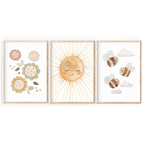 Pipapier Poster 3er Posterset "Sommer", Kinderzimmerbilder, Kinderbilder, Bilderset, Sonne Blumen und Bienen, Sommerbilder in A4 oder A3
