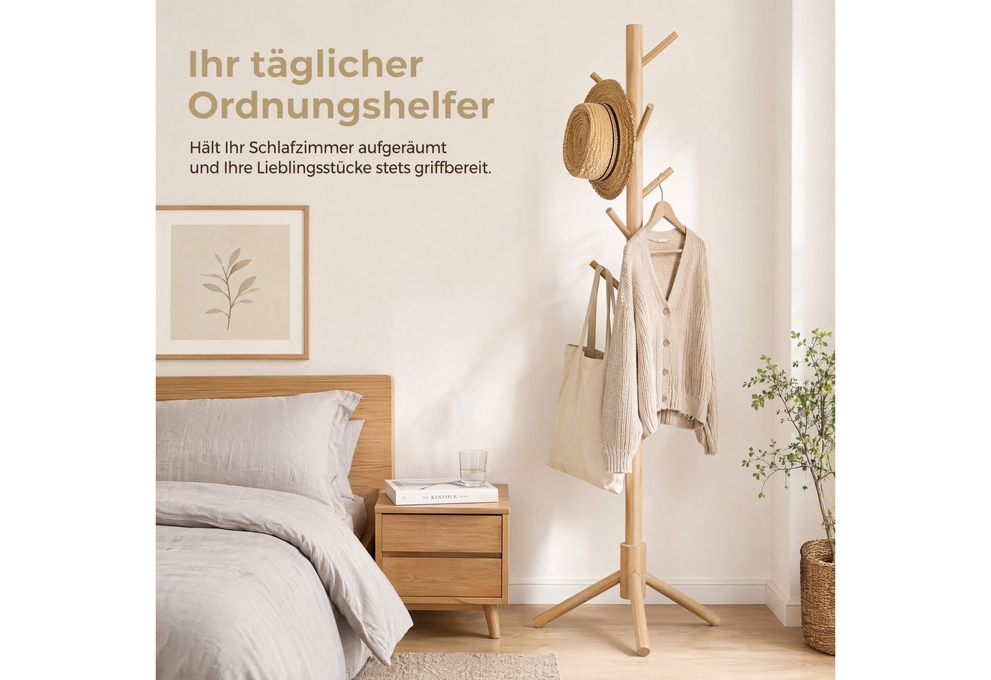 PIPISHELL Kleiderständer Garderobenständer, aus massivem Kiefernholz, (101/ 138/ 175 cm), Höhenverstellbar, 8 Haken, Skandinavisches Design, Stabile Basis – Bild 3 von 5