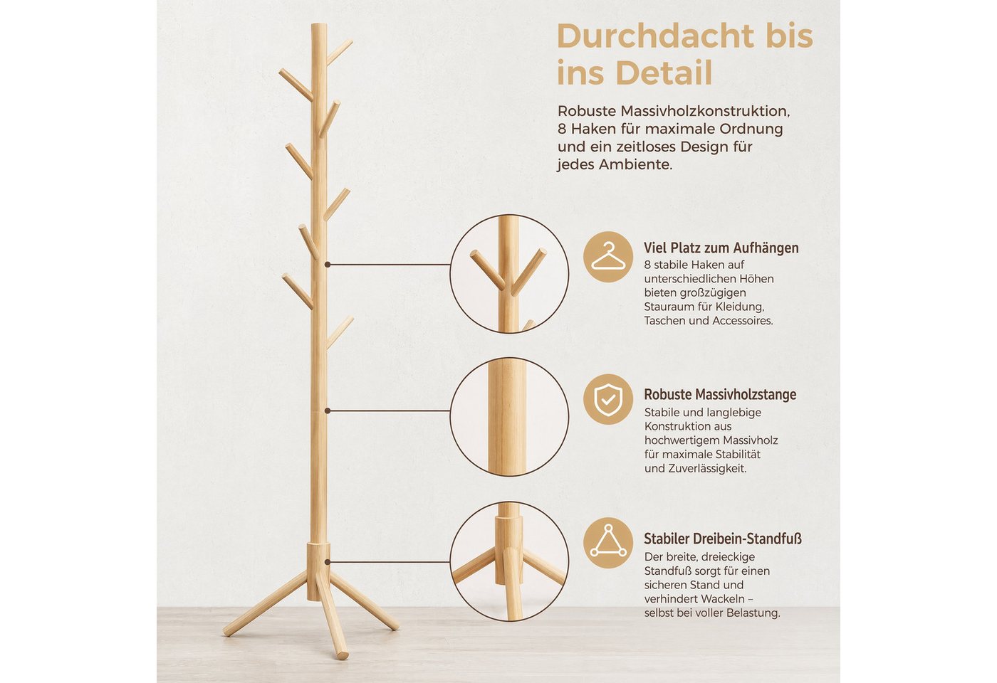 PIPISHELL Kleiderständer Garderobenständer, aus massivem Kiefernholz, (101/ 138/ 175 cm), Höhenverstellbar, 8 Haken, Skandinavisches Design, Stabile Basis – Bild 4 von 5