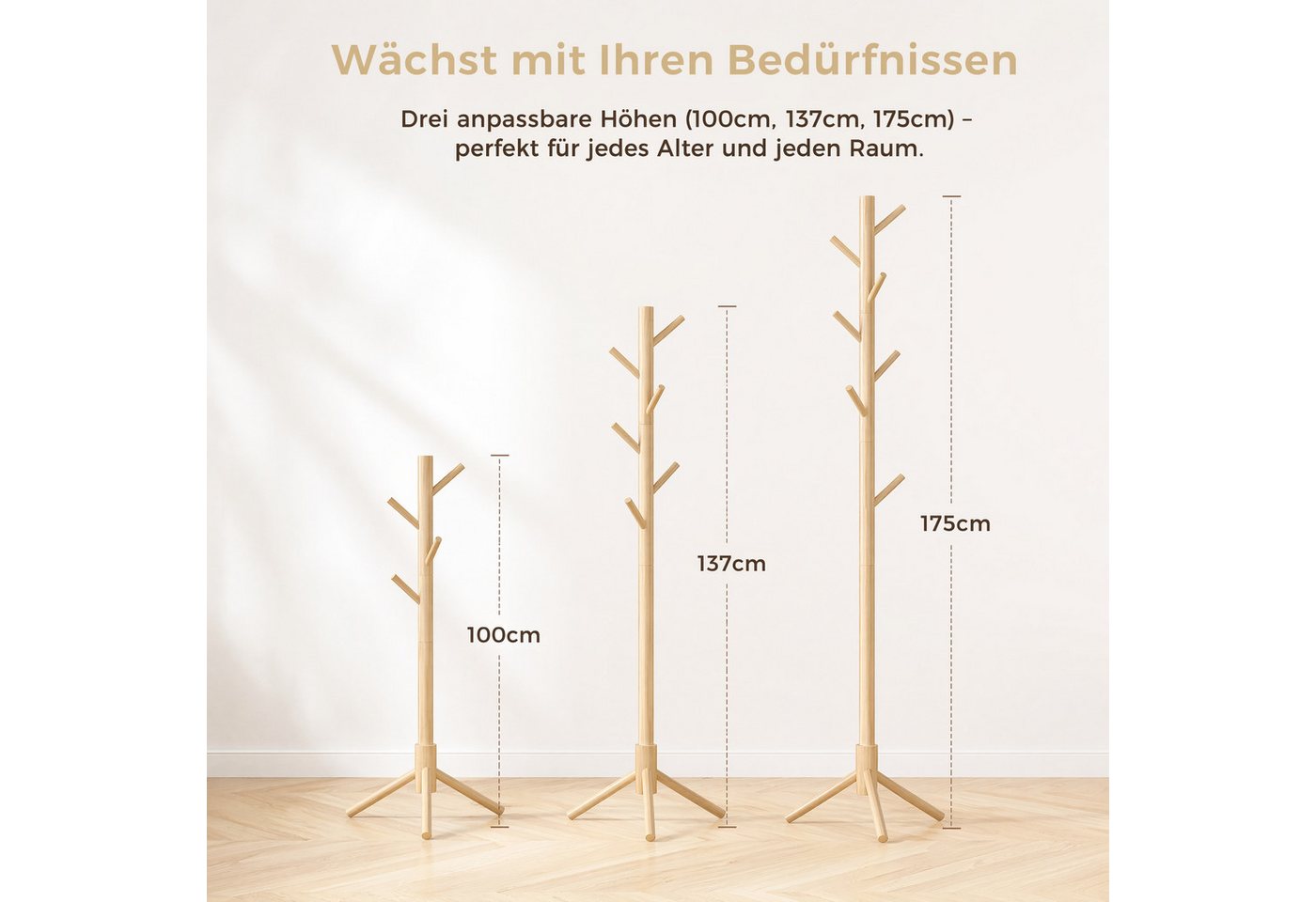 PIPISHELL Kleiderständer Garderobenständer, aus massivem Kiefernholz, (101/ 138/ 175 cm), Höhenverstellbar, 8 Haken, Skandinavisches Design, Stabile Basis – Bild 5 von 5