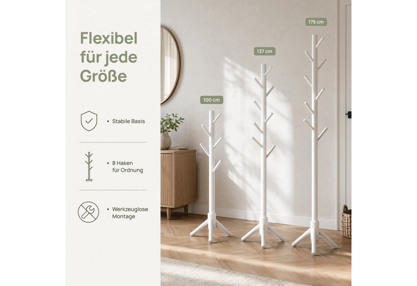 PIPISHELL Kleiderständer Garderobenständer, aus massivem Kiefernholz, (101/ 138/ 175 cm), Höhenverstellbar, 8 Haken, Skandinavisches Design, Stabile Basis – Bild 3 von 5