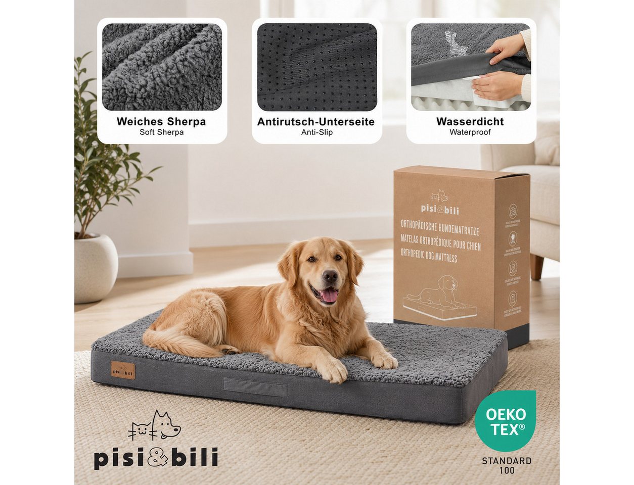 Pisi & Bili Hundebett, orthopädisch Hundekissen für kleine große Hunde, Zubehör, Polyester Sherpa-Fleece, waschbar, wasserdicht – Bild 2 von 5