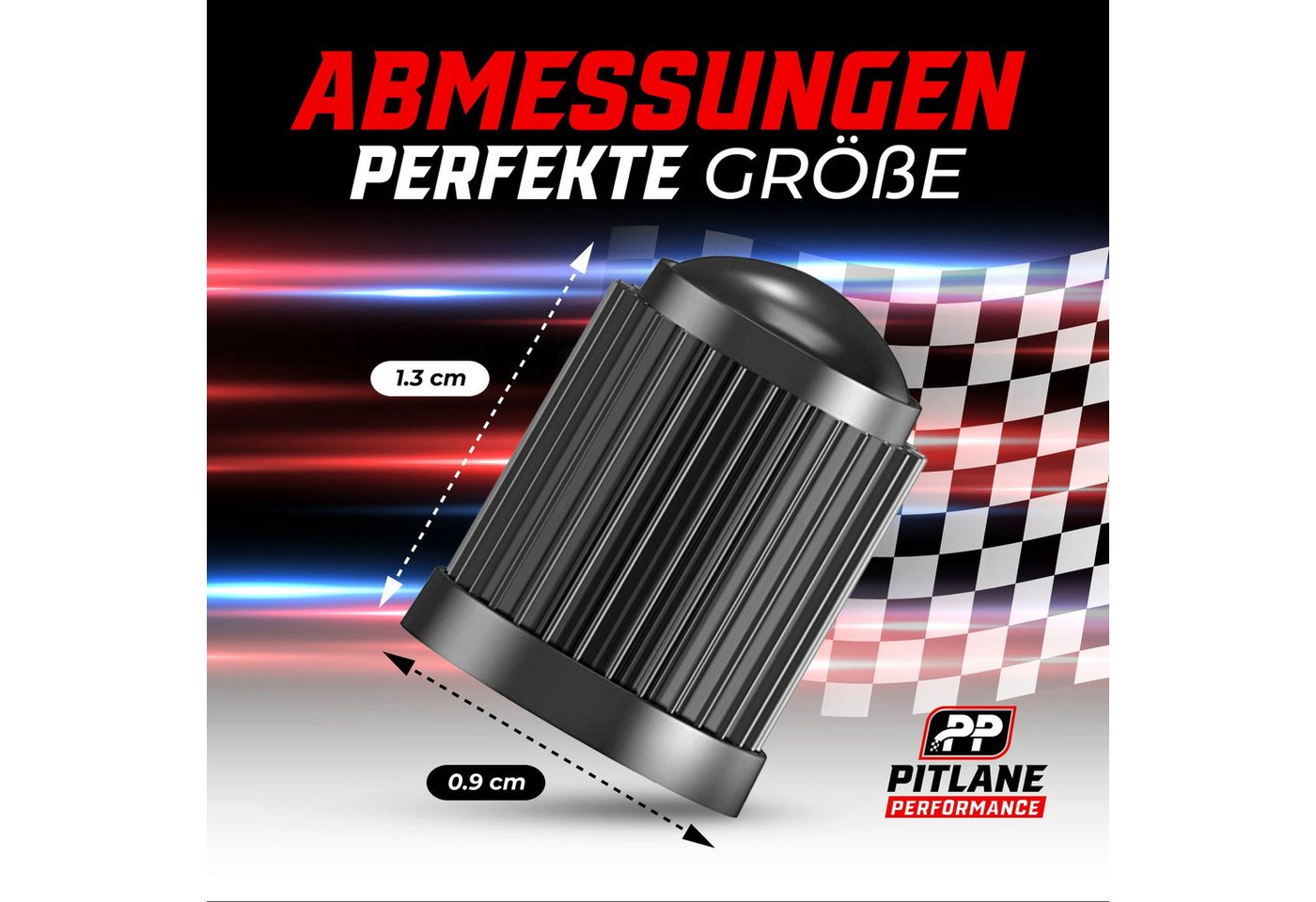 Pitlane Performance Ventilkappe 10x Schrader Ventilkappen Auto & Fahrrad mit Dichtungsring, (Schrader-Ventil, 10-St., Universal Reifenventilkappen Set für PKW), – Bild 4 von 5