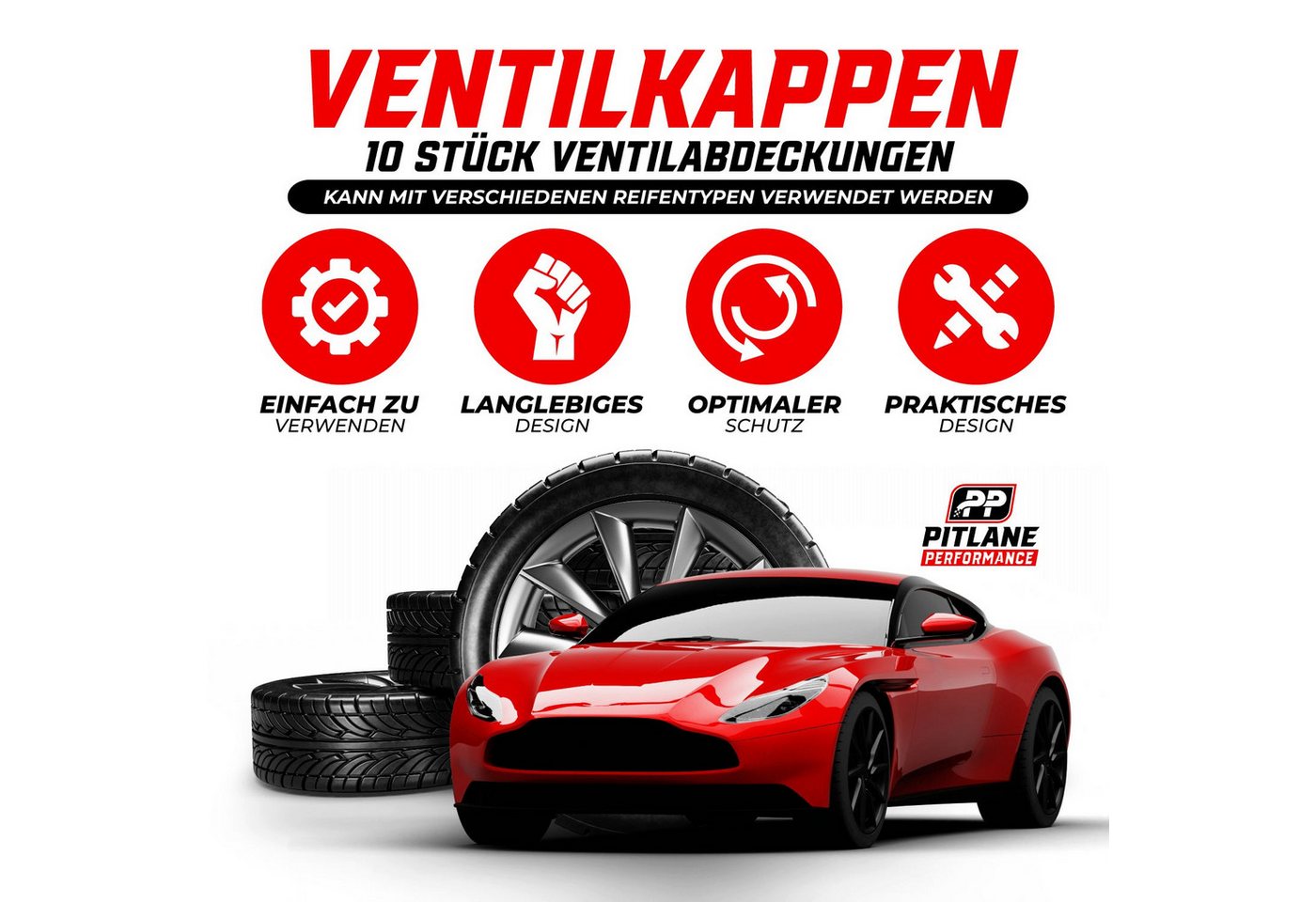 Pitlane Performance Ventilkappe 10x Schrader Ventilkappen Auto & Fahrrad mit Dichtungsring, (Schrader-Ventil, 10-St., Universal Reifenventilkappen Set für PKW), – Bild 5 von 5