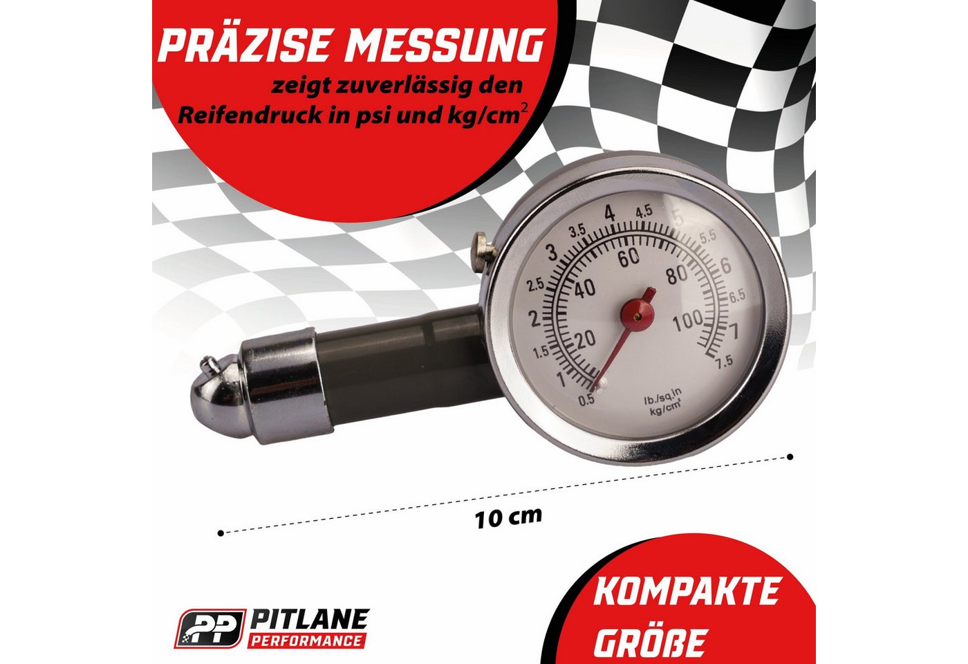 Pitlane Performance Ventilkappe Analoger Reifendruckprüfer, (Reifendruckprüfer, Analoger Reifendruckprüfer mit Manometer & Ablassventil, 0–7 Bar), Mit Druckabla – Bild 2 von 5