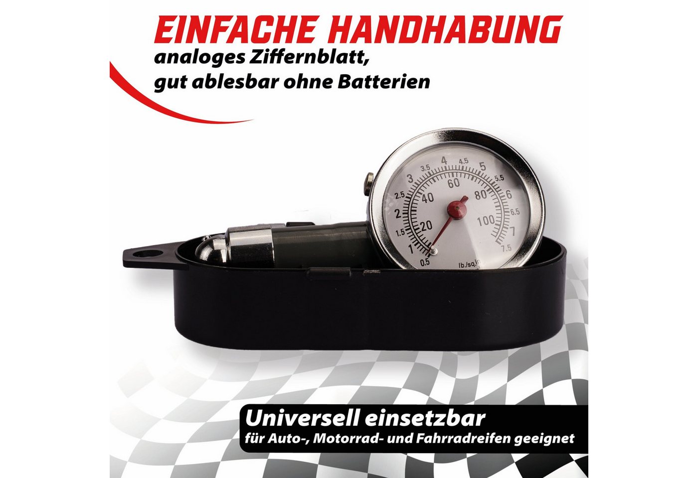 Pitlane Performance Ventilkappe Analoger Reifendruckprüfer, (Reifendruckprüfer, Analoger Reifendruckprüfer mit Manometer & Ablassventil, 0–7 Bar), Mit Druckabla – Bild 3 von 5