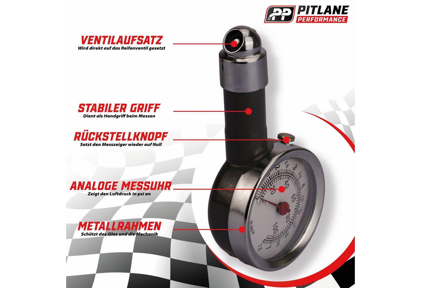 Pitlane Performance Ventilkappe Analoger Reifendruckprüfer, (Reifendruckprüfer, Analoger Reifendruckprüfer mit Manometer & Ablassventil, 0–7 Bar), Mit Druckabla – Bild 4 von 5