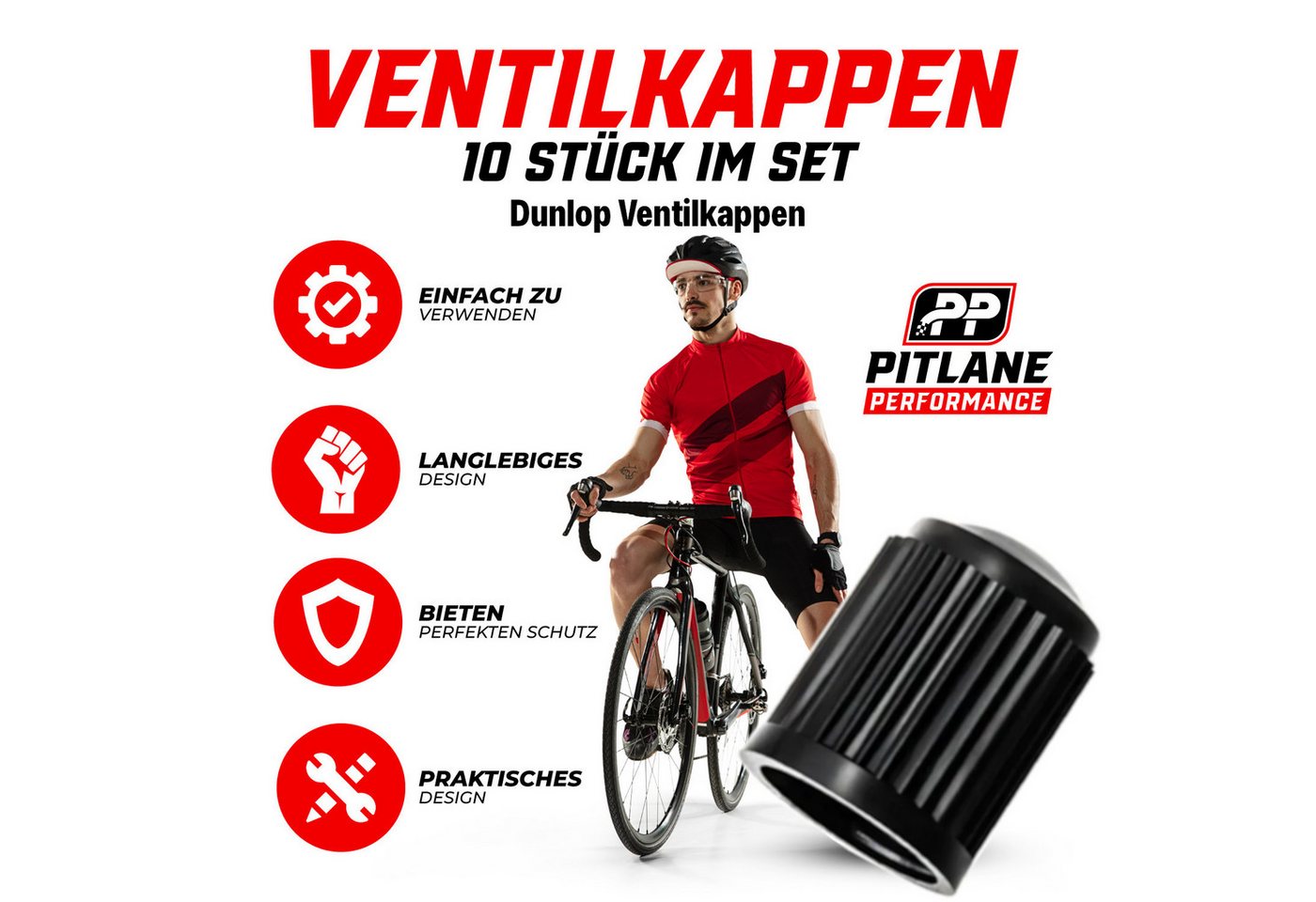 Pitlane Performance Ventilkappe Fahrrad Ventilkappen 10er-Set Robuste Ventil Kappen, (10-St., für Rennrad, E-Bike, City- & Trekkingrad), Dunlop- & Presta-Ventil – Bild 2 von 5