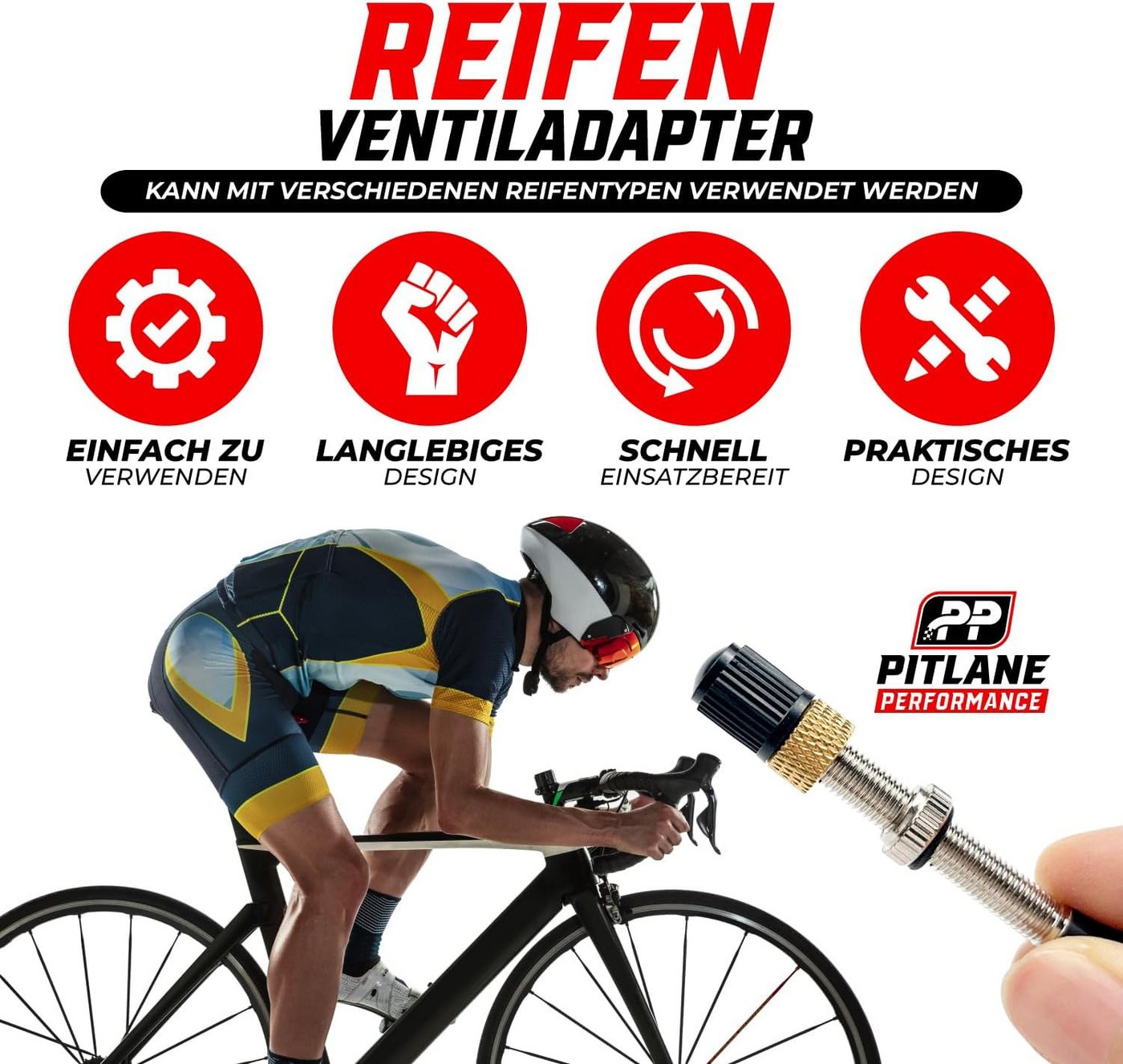 Pitlane Performance Ventilkappe Fahrradventil Adapter Set, (4-St., Fahrradzubehör, Luftpumpe Adapter Set), Adapter Französisches Ventil Dunlop & Presta auf Auto – Bild 3 von 5