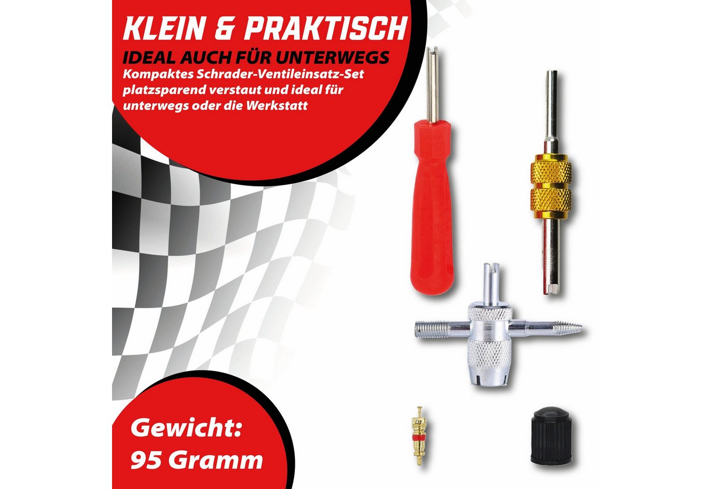 Pitlane Performance Ventilkappe Schrader-Ventilset 33-teilig, (Reparatur- und Wartungsset, 20 Ventileinsätze, 10 Ventilkappen und 3 Werkzeuge), Mit transparente – Bild 2 von 5