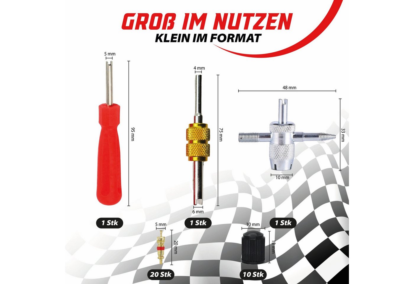 Pitlane Performance Ventilkappe Schrader-Ventilset 33-teilig, (Reparatur- und Wartungsset, 20 Ventileinsätze, 10 Ventilkappen und 3 Werkzeuge), Mit transparente – Bild 4 von 5