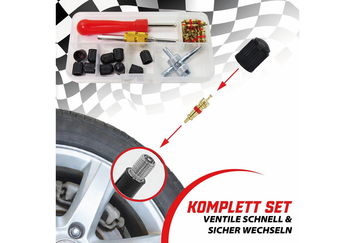 Pitlane Performance Ventilkappe Schrader-Ventilset 33-teilig, (Reparatur- und Wartungsset, 20 Ventileinsätze, 10 Ventilkappen und 3 Werkzeuge), Mit transparente – Bild 5 von 5